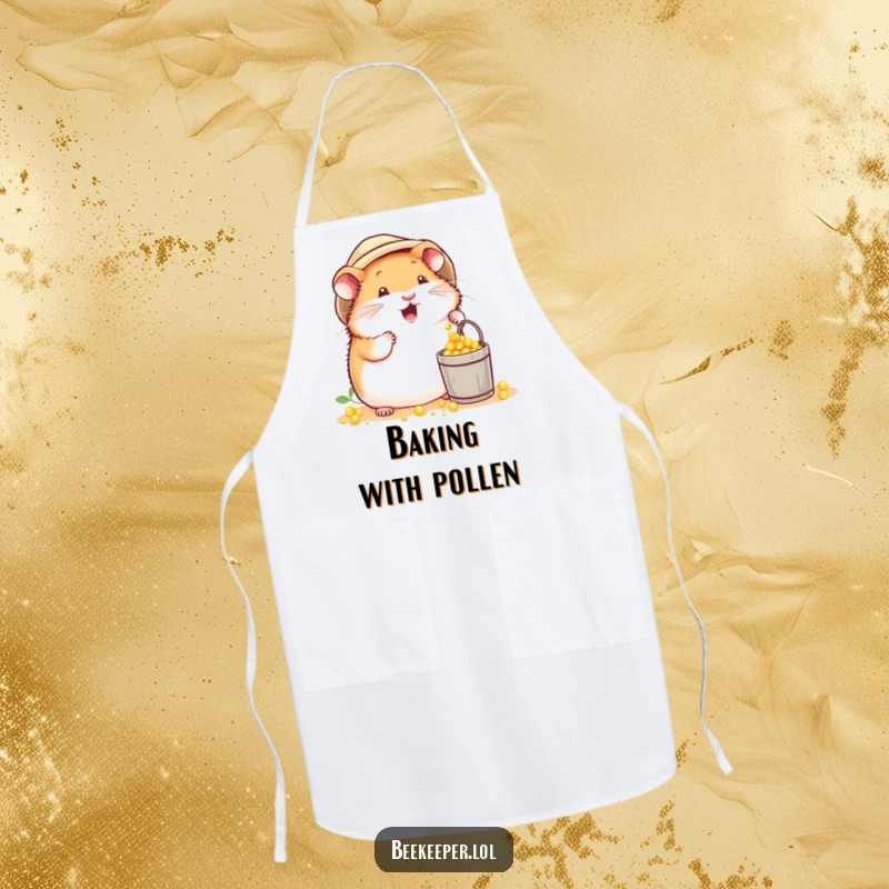 Funny plump hamster in a beekeeper hat, excitedly dropping pollen into a tiny bucket on a kitchen apron, adding busy humor.