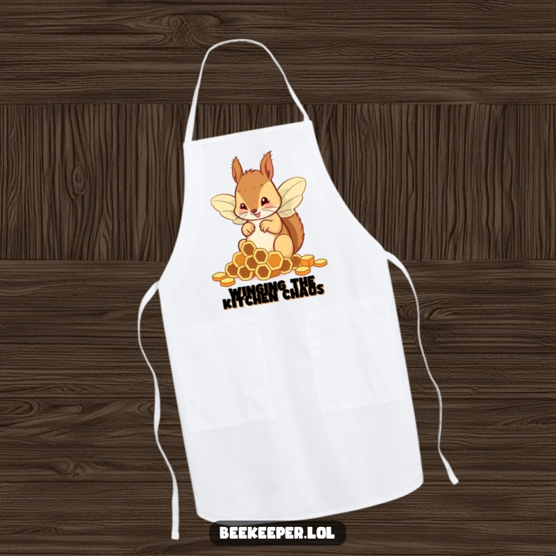 Funny squirrel wearing bee wings struggling with honeycombs, showcased on a practical and humorous cooking apron.