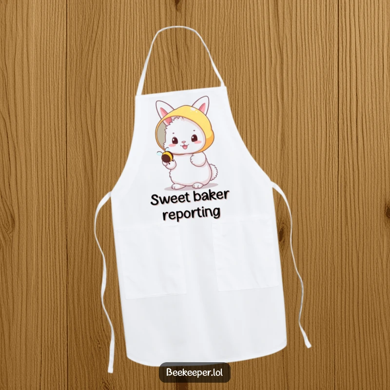 Funny fluffy bunny in a beekeeper veil, cheerfully holding a tiny buzzing bee on a kitchen apron, adding sweetness to tasks.