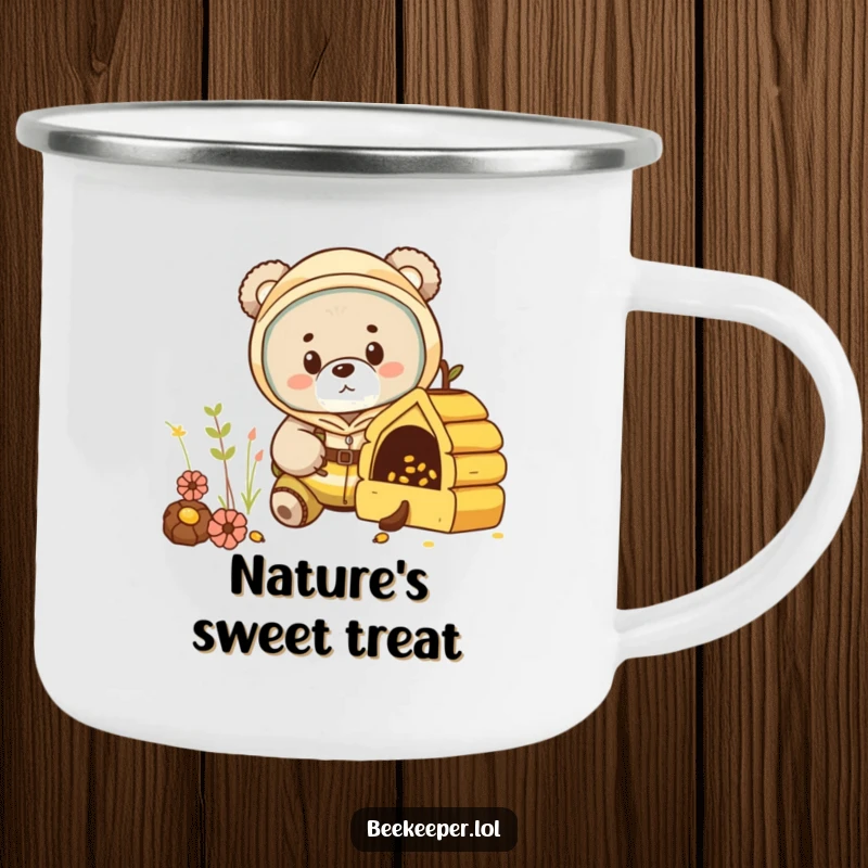 Funny bear cub in a beekeeper suit, peeking into a miniature hive on a camping mug, ready for outdoor exploration.