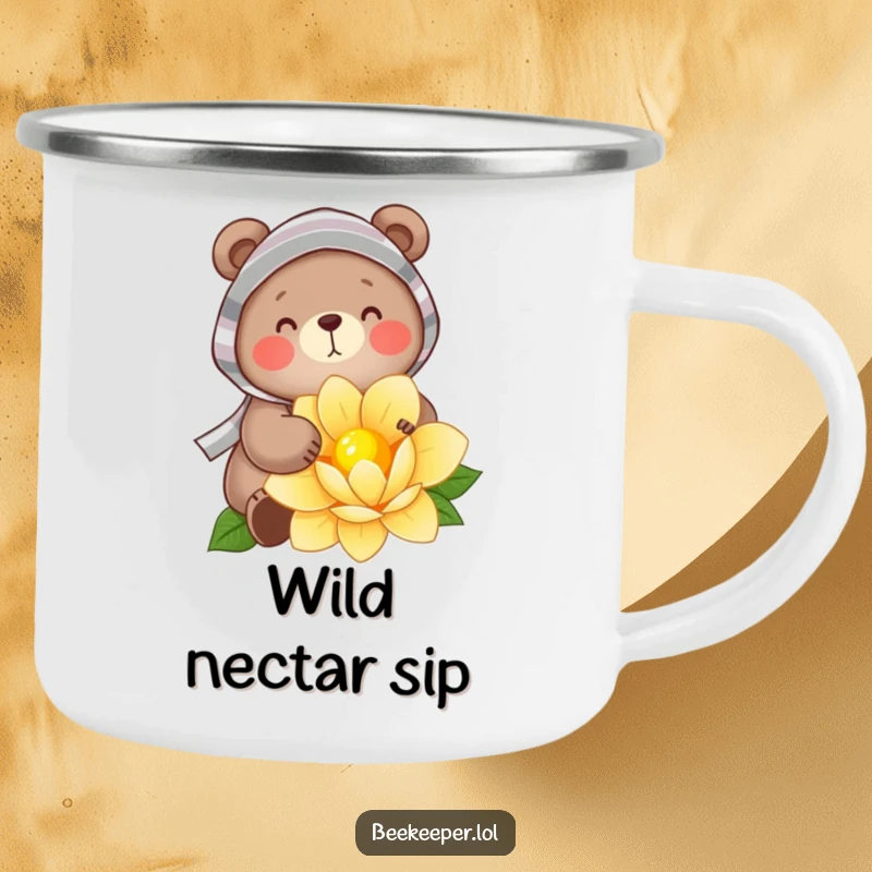 Funny Camping Mug: A cheerful bear wearing a striped veil, gently gathering golden nectar from a flower, bringing a sense of sweet adventure to outdoor drinks.