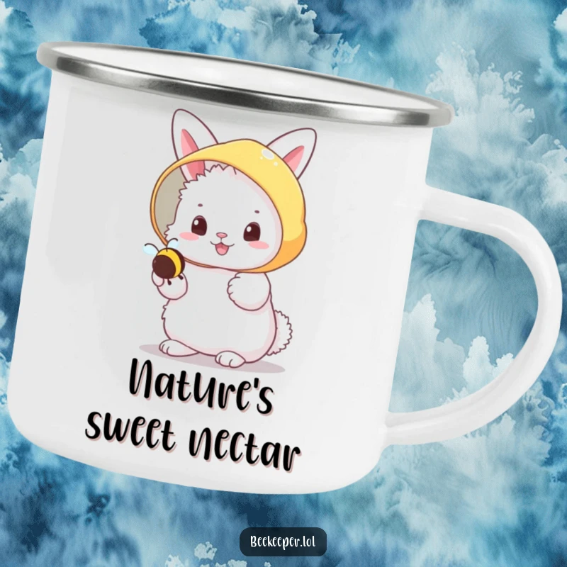 Funny fluffy bunny in a beekeeper veil, cheerfully holding a tiny buzzing bee on a camping mug, ready for sweet adventures.