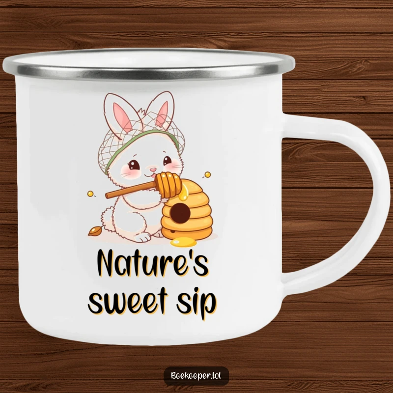 Funny Camping Mug: A fluffy bunny wearing a netted hat, honey dipper in paw, curiously peeking into a beehive, bringing a sense of sweet adventure to outdoor drinks.