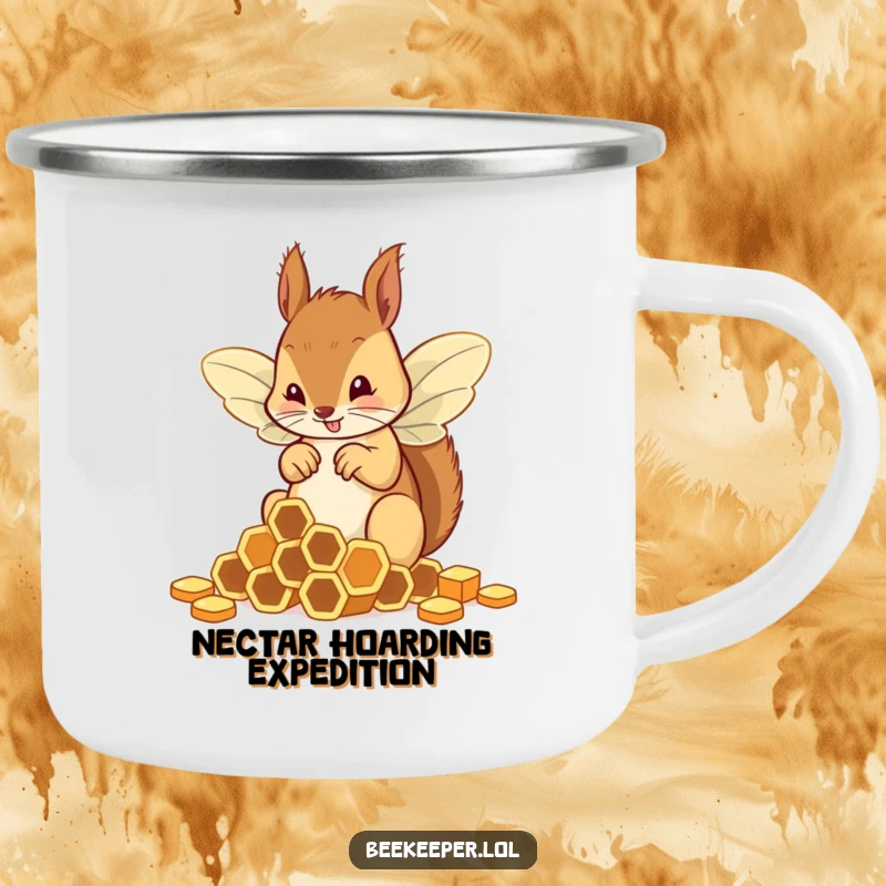 Funny squirrel wearing clumsy bee wings trying to sort honeycombs, designed for a humorous camping mug.