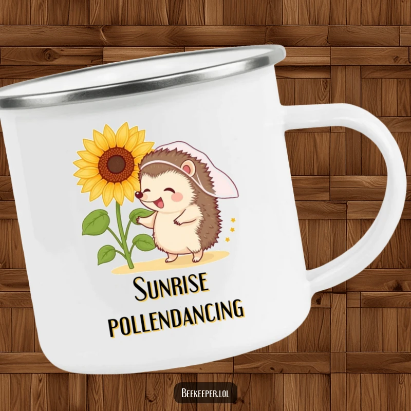 Funny hedgehog in a veil dancing near a pollen-filled sunflower, designed for a humorous camping mug.