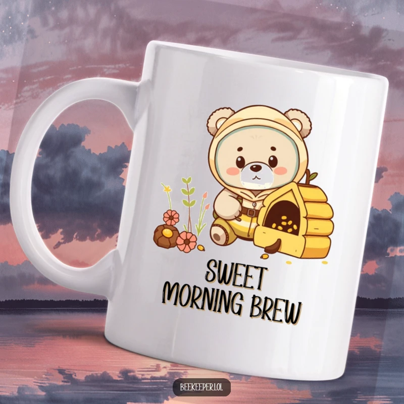 Funny bear cub in a beekeeper suit, peeking into a miniature hive on a mug, showcasing its curious and playful spirit.