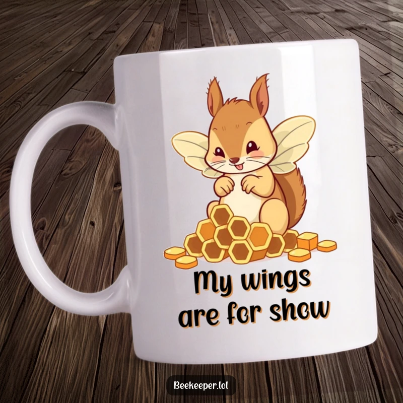 Funny squirrel wearing clumsy bee wings struggling to sort small hexagonal honeycombs, perfect for a humorous mug gift.