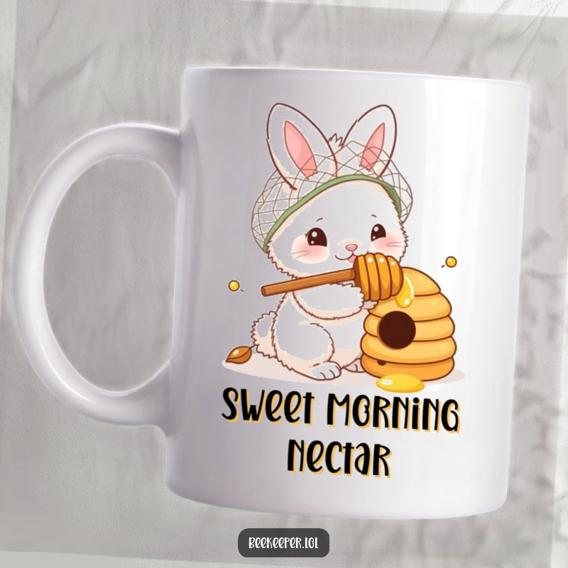 Funny mug featuring a fluffy bunny in a netted hat holding a honey dipper, curiously peering into a detailed beehive, evoking gentle humor.