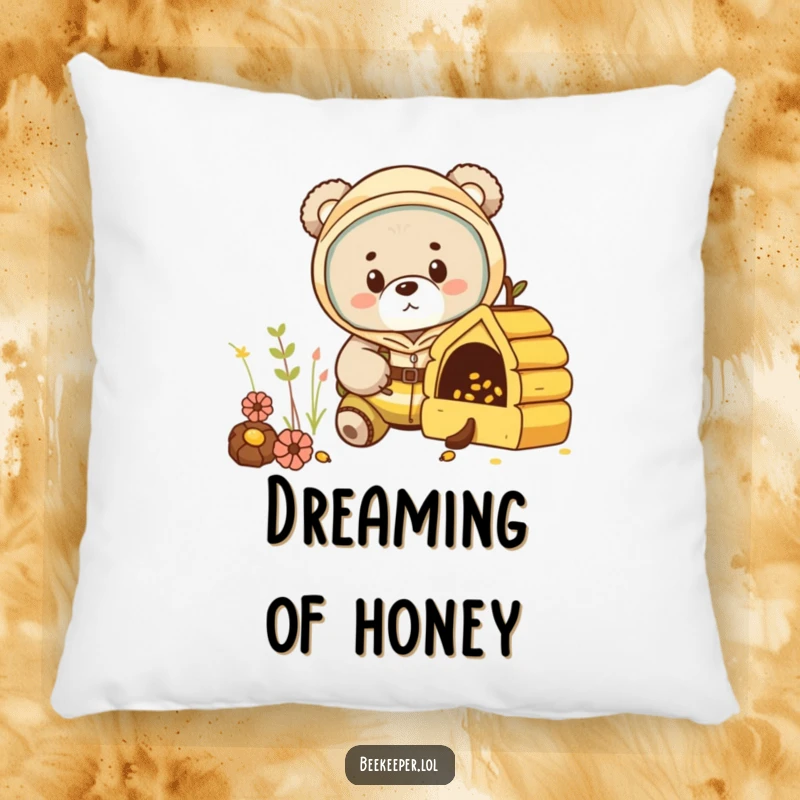 Funny bear cub in a beekeeper suit, peeking into a miniature hive on a soft pillow, bringing comfort and wonder.