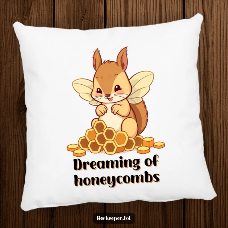 Funny squirrel in bee wings attempting to sort honeycombs, creating a cozy and humorous pillow design.
