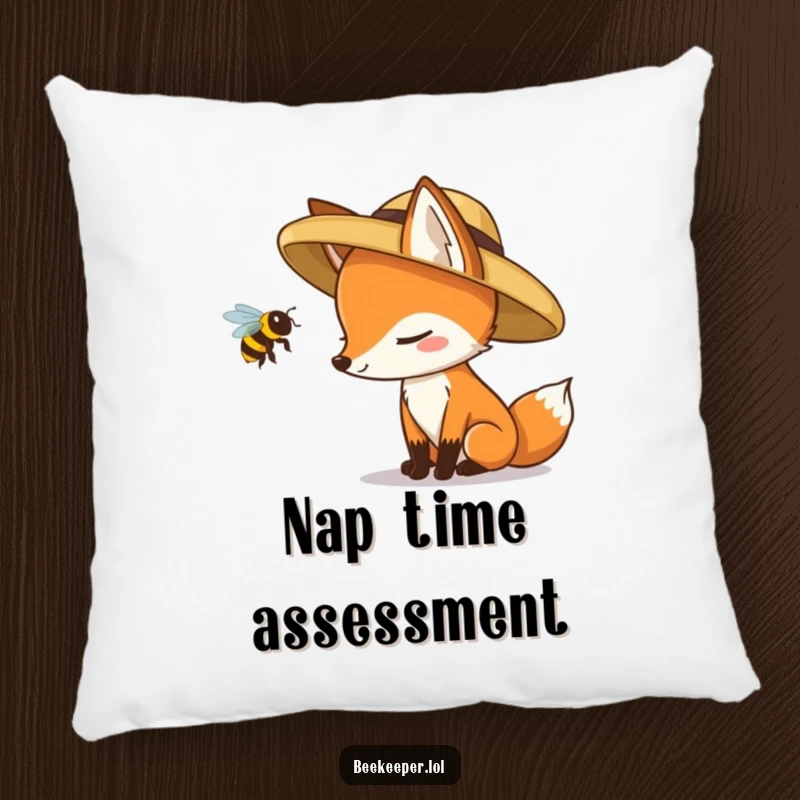 Funny fox in a straw hat cautiously inspecting a queen bee, depicted on a soft and humorous pillow.