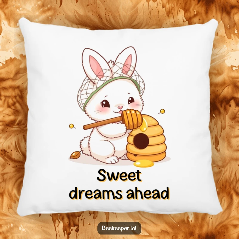 Funny Pillow: A fluffy bunny in a netted hat, curiously peeking into a beehive, a soft and humorous decorative piece for ultimate comfort and smiles.
