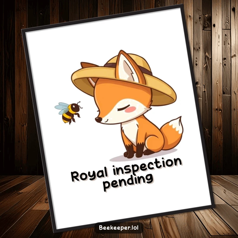 Funny fox wearing a hat cautiously inspecting a queen bee, a humorous wildlife digital art print.
