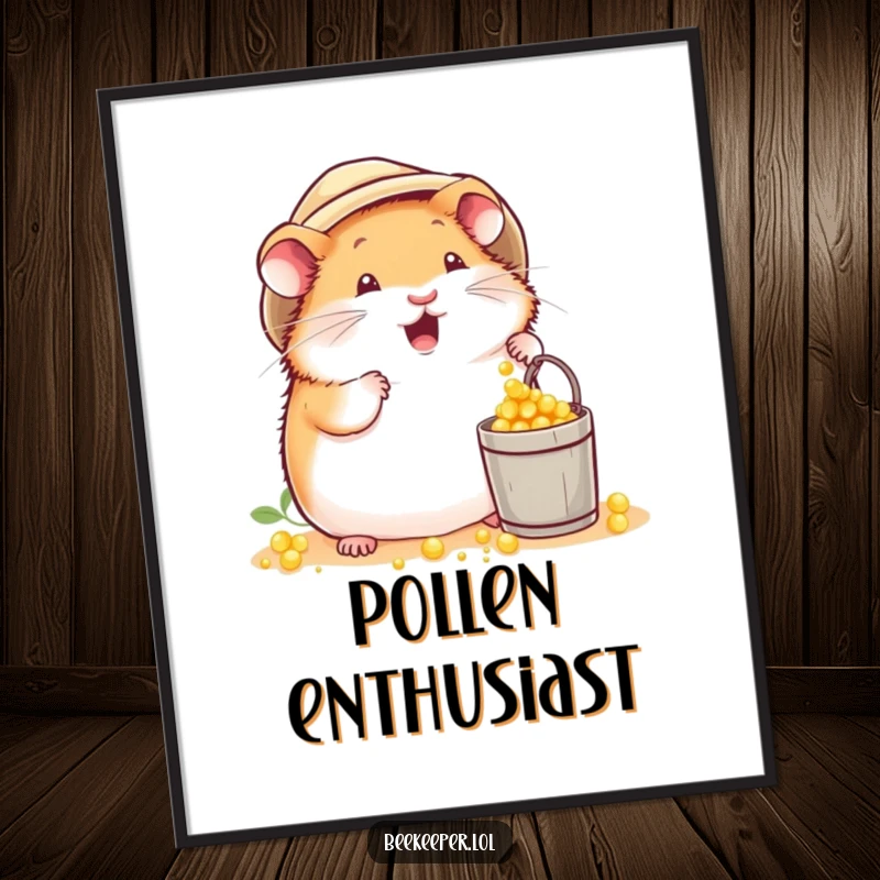 Funny plump hamster in a beekeeper hat, excitedly dropping pollen into a tiny bucket on a digital art print, delivering instant industriousness.