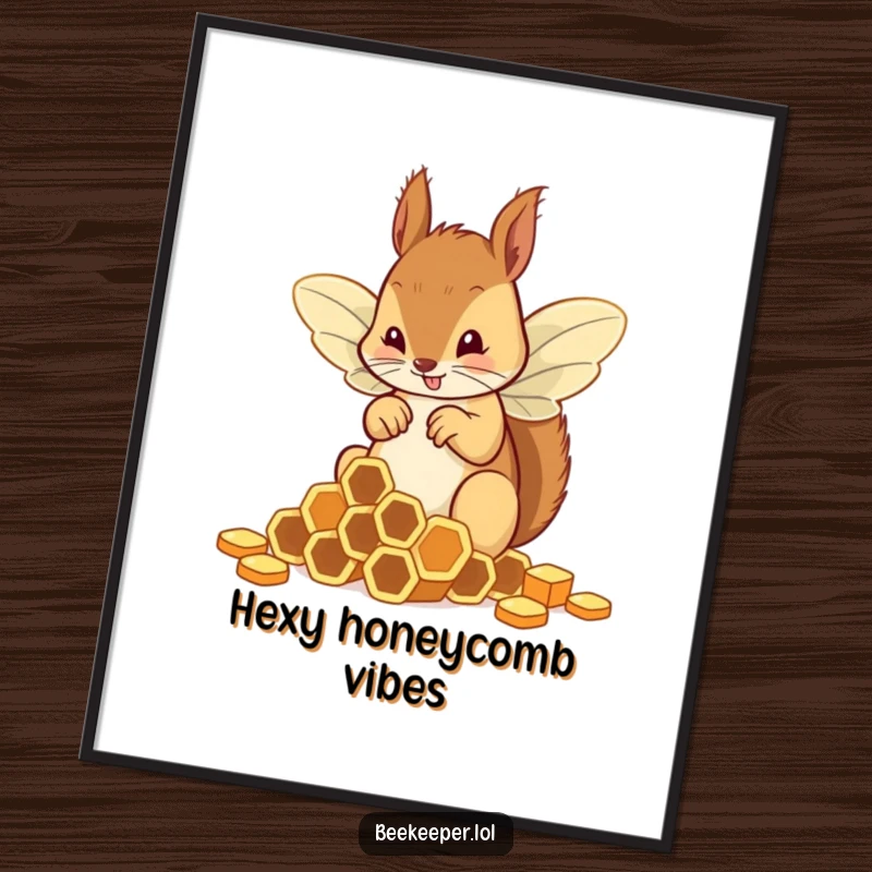 Funny squirrel with bee wings awkwardly sorting honeycombs, a humorous digital art print for instant download.