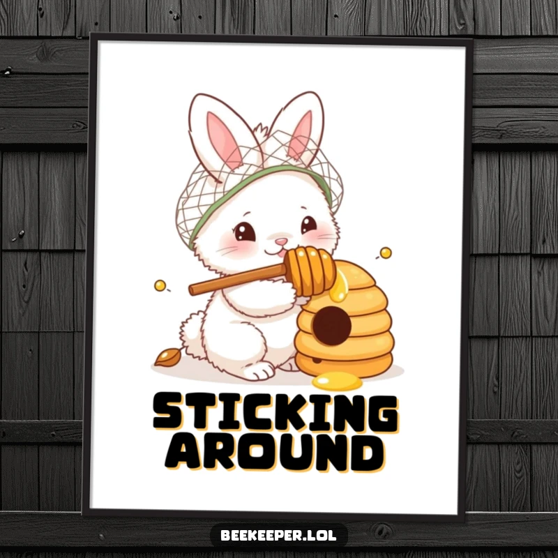 Funny Digital Art Print: A fluffy bunny wearing a netted hat, honey dipper ready, curiously peeking into a beehive, embodying sweet exploration for digital display.
