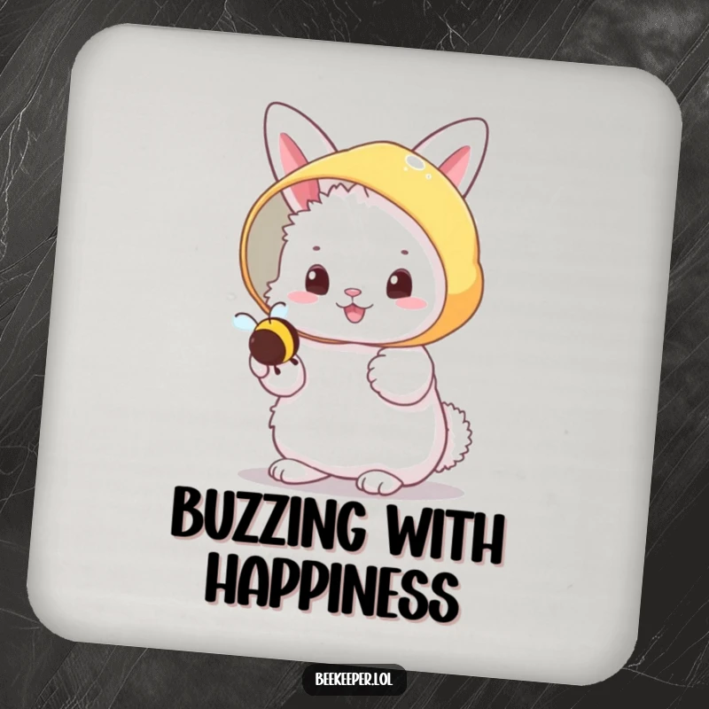 Funny fluffy bunny in a beekeeper veil, cheerfully holding a tiny buzzing bee on a drink coaster, adding sweet humor.