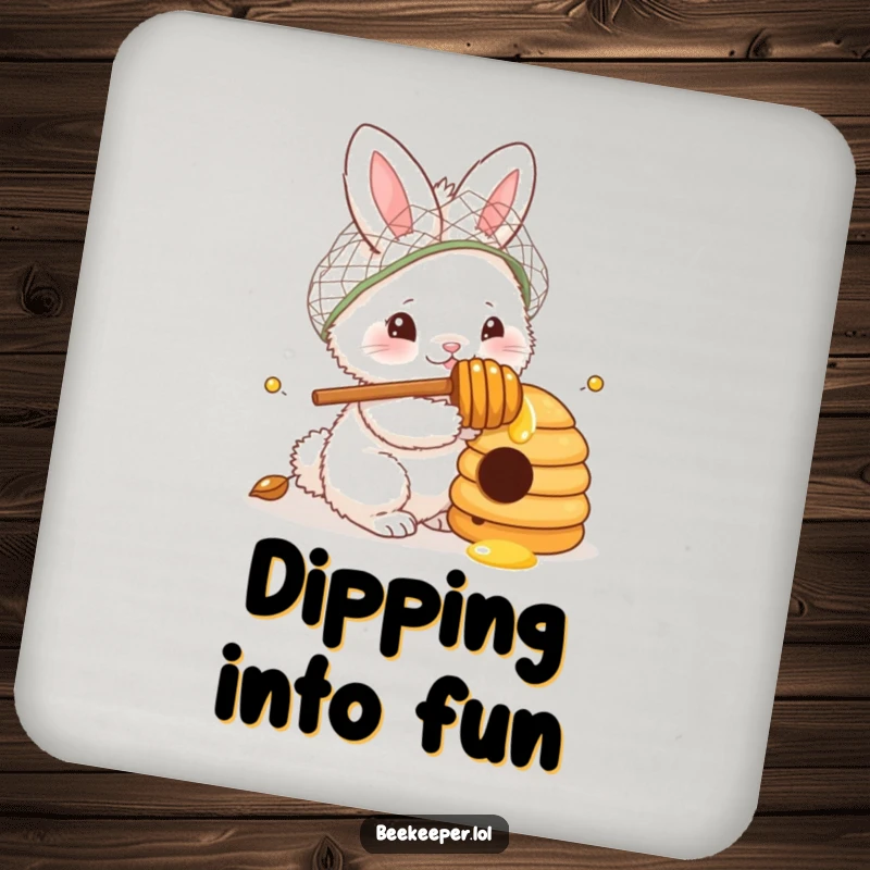 Funny Coaster: A fluffy bunny in a netted hat, holding a honey dipper, curiously peeking into a beehive, offering a humorous and protective barrier for beverages.