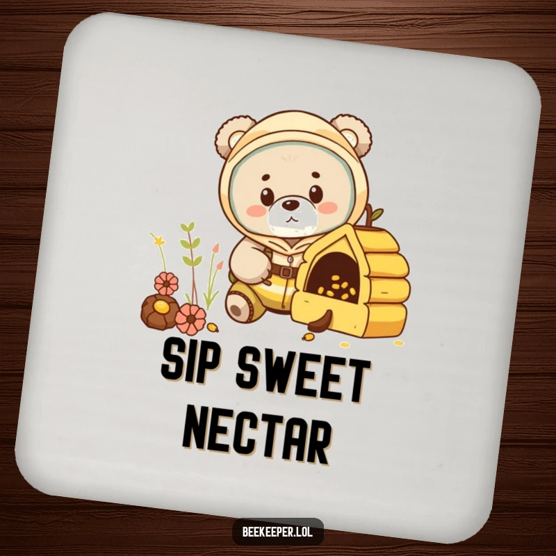 Funny bear cub in a beekeeper suit, peeking into a miniature hive on a drink coaster, adding curious humor.
