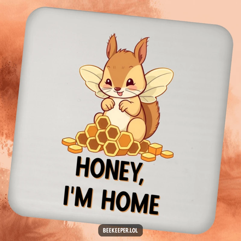 Funny squirrel in bee wings attempting to organize honeycombs, featured on a humorous and protective drink coaster.