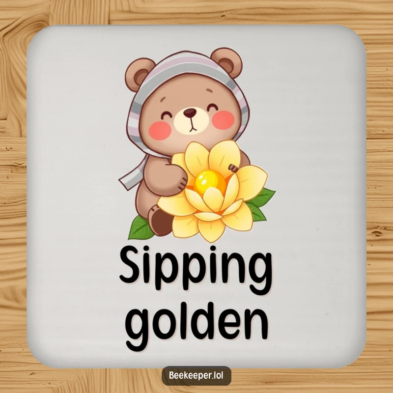 Funny Coaster: A cheerful bear in a striped veil, gently gathering nectar from a flower, offering a humorous and protective barrier for beverages.