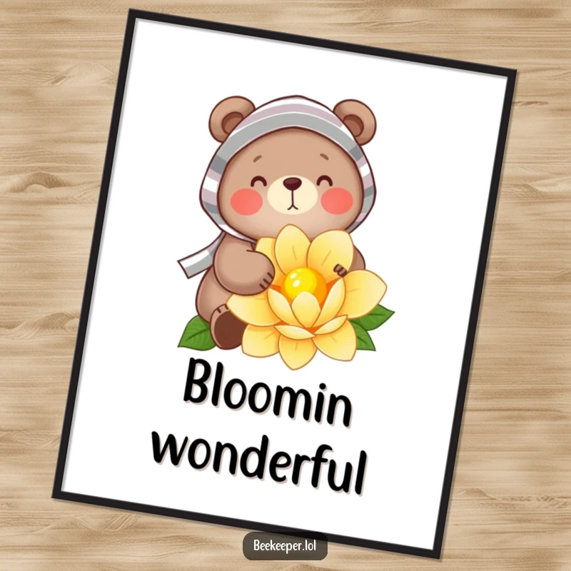 Funny Poster: A cheerful bear in a striped veil, gently collecting golden nectar from a large flower, creating a charming and humorous piece of wall art.