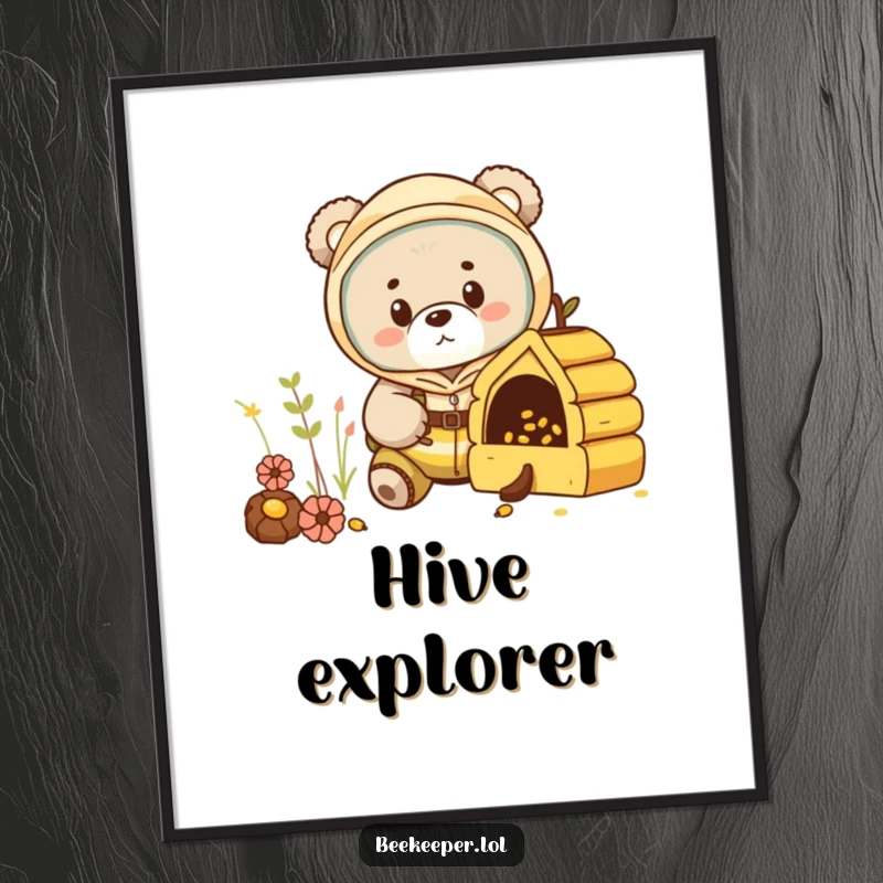Funny bear cub in a beekeeper suit, peeking into a miniature hive on a poster, creating a scene of playful discovery.