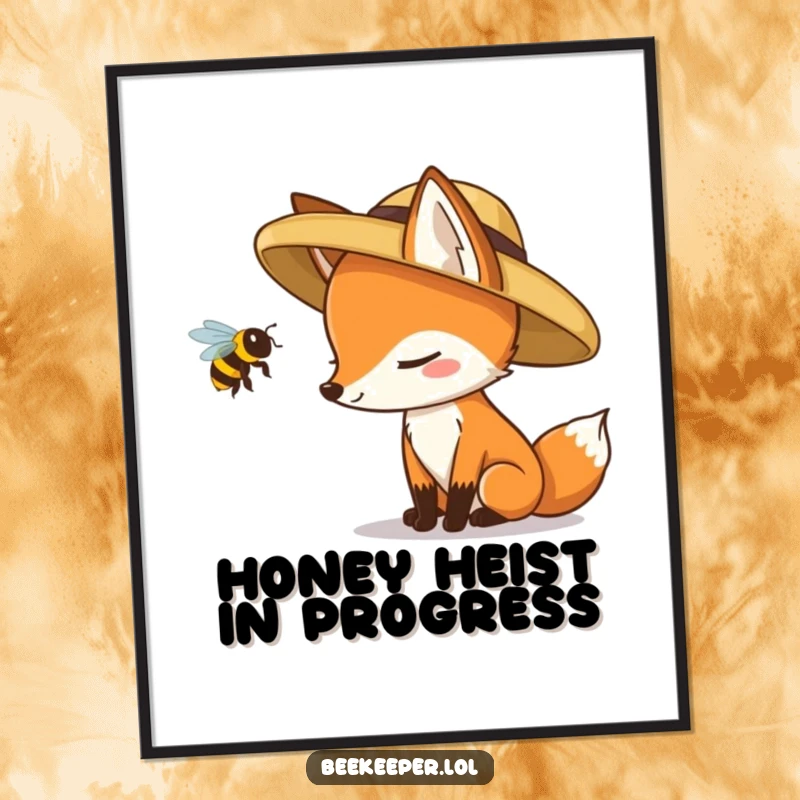 Funny fox wearing a hat cautiously inspecting a buzzing queen bee, creating a humorous wildlife art poster.
