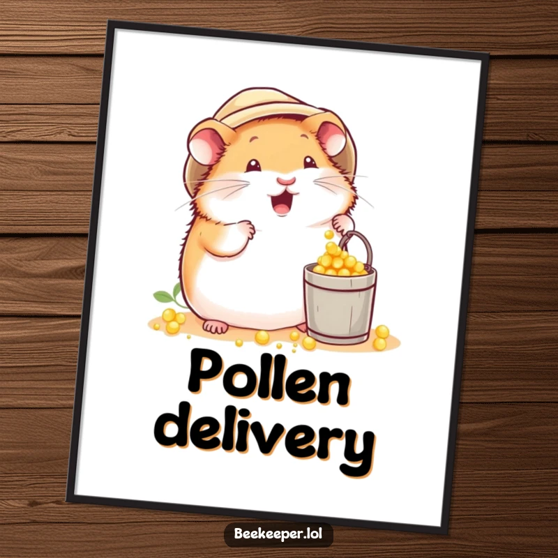 Funny plump hamster in a beekeeper hat, excitedly dropping pollen into a tiny bucket on a poster, creating a scene of cheerful industry.