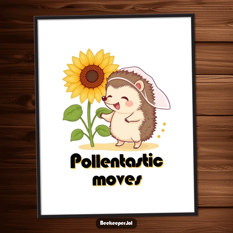 Funny giggling hedgehog in a veil dancing near a sunflower bursting with pollen, as a humorous art print.