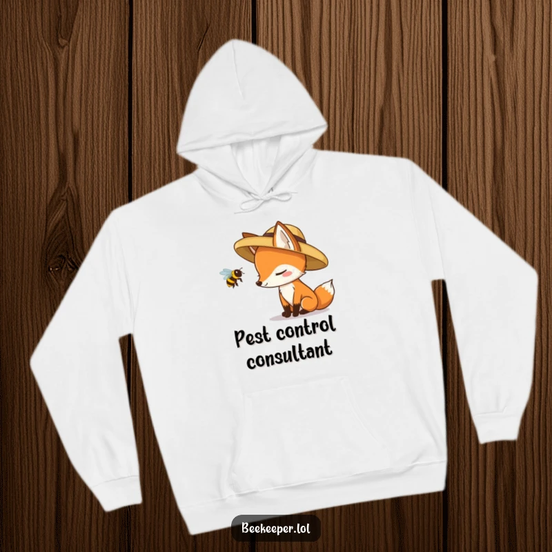 Funny fox in a straw hat cautiously examining a buzzing queen bee, featured on a comfortable hoodie.