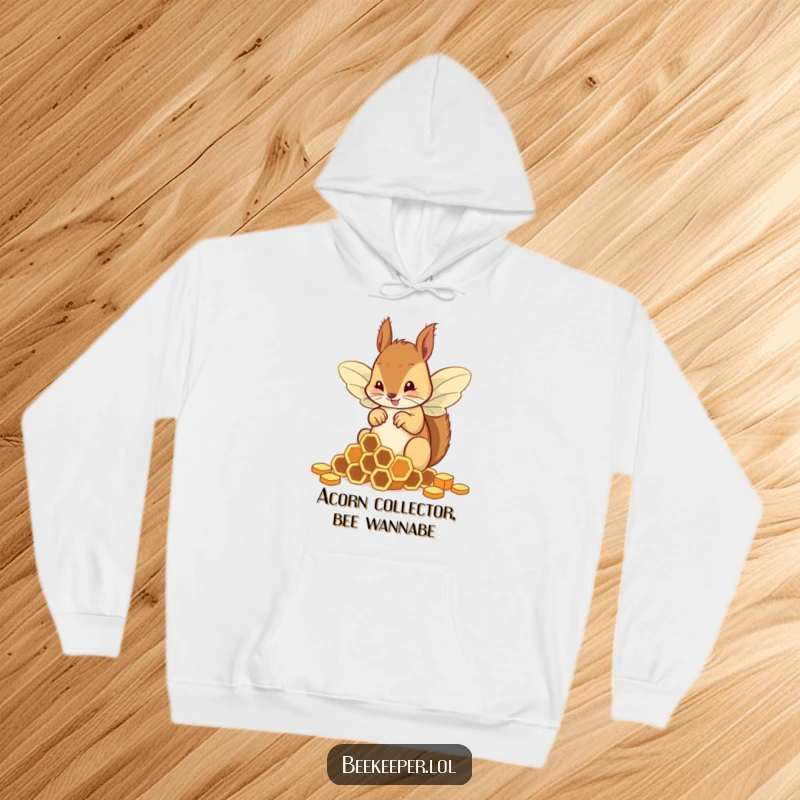 Funny squirrel awkwardly sorting honeycombs with bee wings, depicted on a comfortable and humorous hoodie.