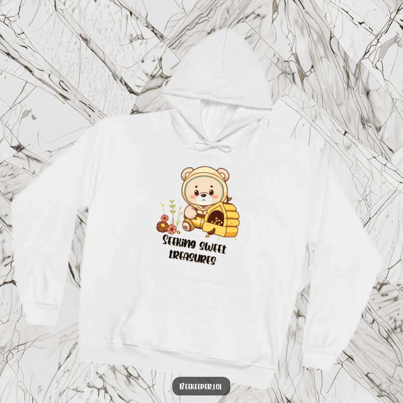 Funny bear cub in a beekeeper suit, peeking into a miniature hive on a warm hoodie, radiating curiosity.