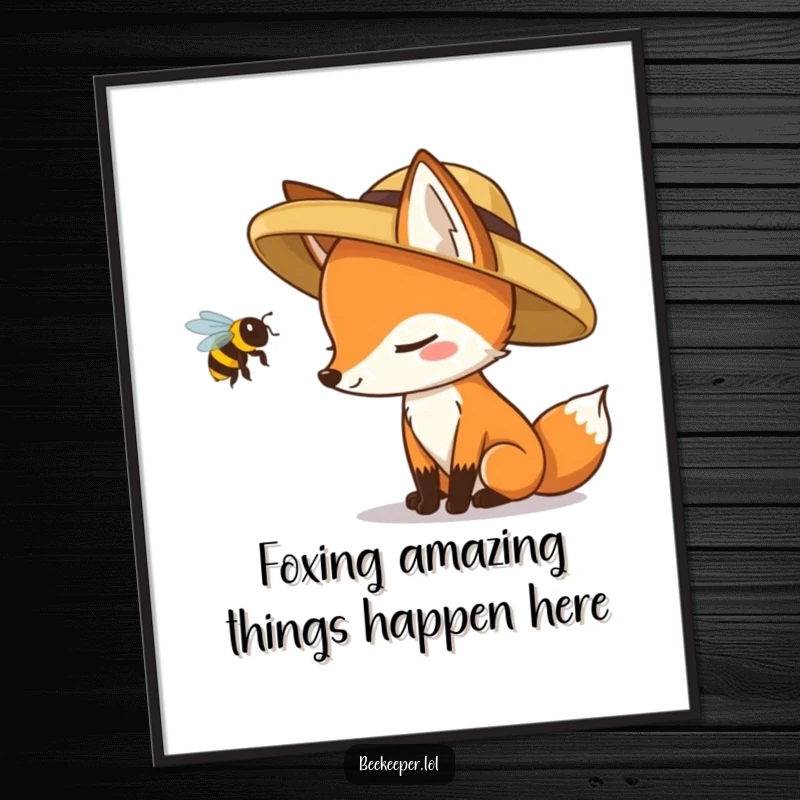 Funny Free Printable Wall Art: A fox in a straw hat cautiously inspects a buzzing queen bee with intense focus.