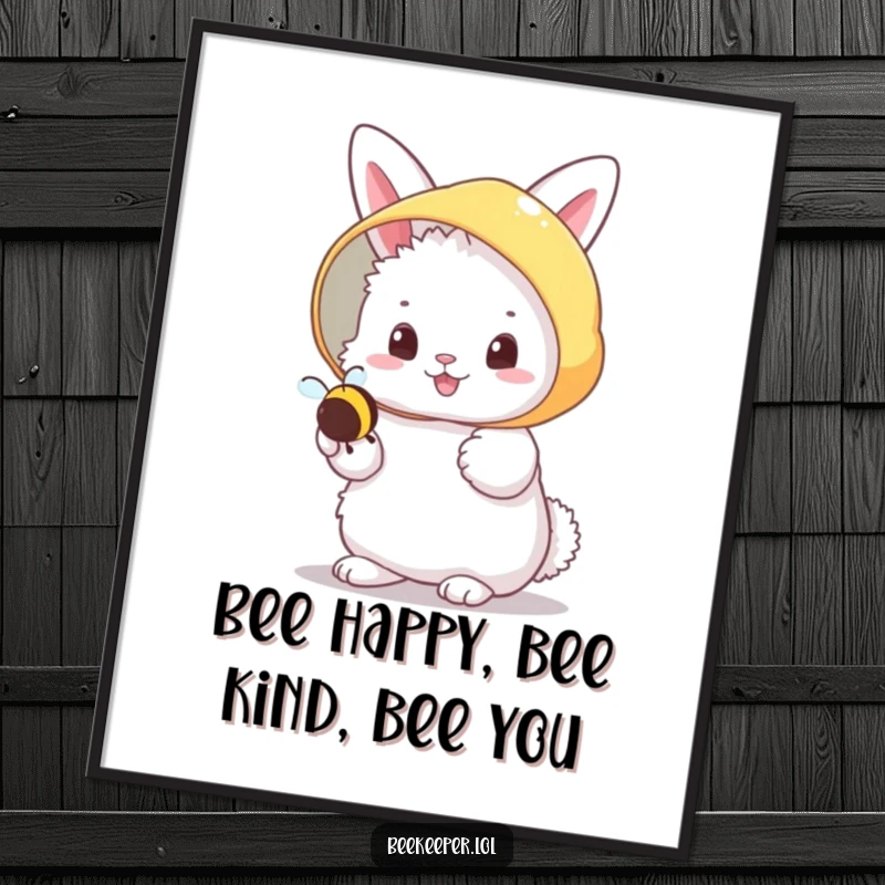 Funny Free Printable Wall Art: A fluffy bunny wearing a beekeeper veil, cheerfully holding a tiny, buzzing bee.
