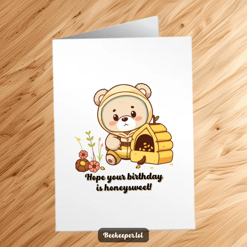 Funny Free Printable Birthday Card: Curious bear cub in beekeeper suit peeking into a tiny hive, celebrating.