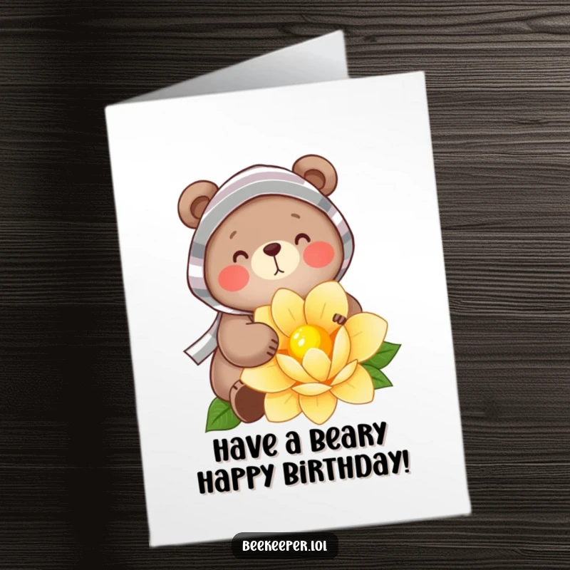 Funny Free Printable Birthday Card: Cheerful bear in a striped veil collecting nectar from a flower.
