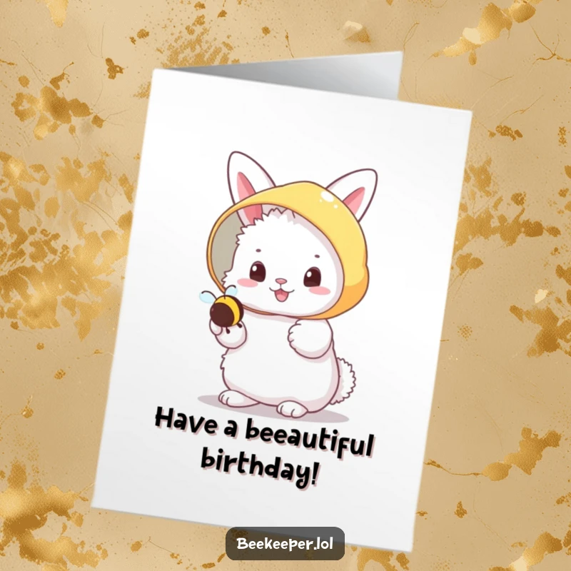 Funny Free Printable Birthday Card: Fluffy bunny in beekeeper veil happily holding a tiny buzzing bee, celebrating.