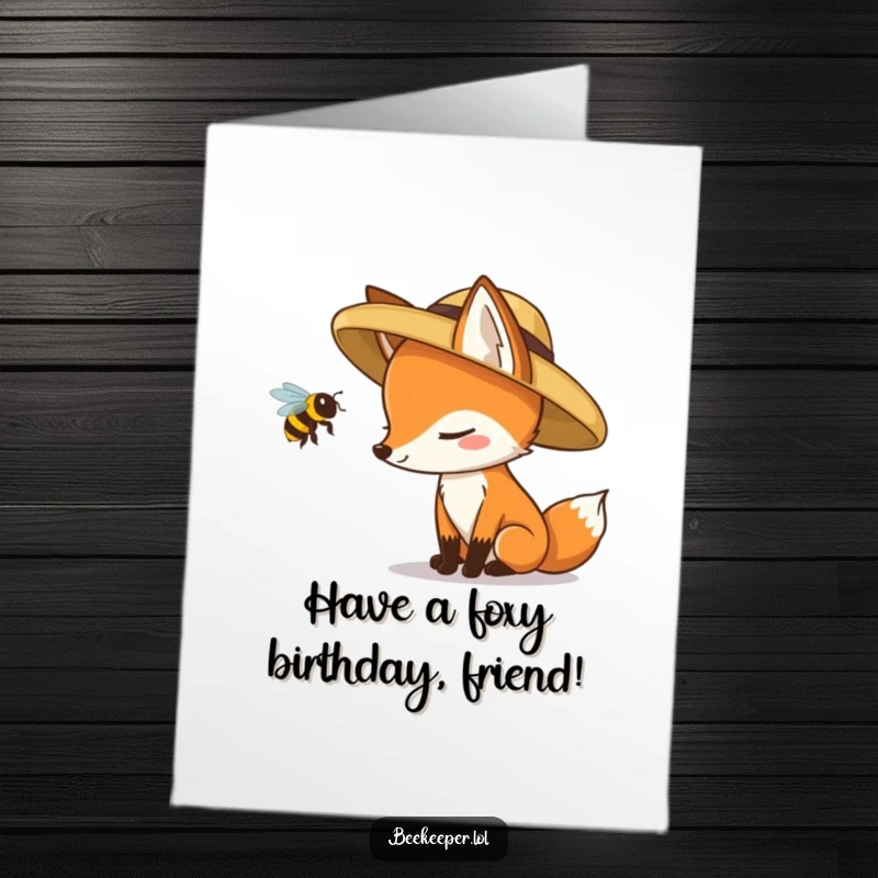 Funny Free Printable Fox Birthday Card: A fox in a straw hat inspects a queen bee with a mischievous grin.