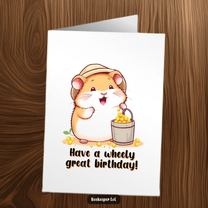 Funny Free Printable Birthday Card: Plump hamster in beekeeper hat excitedly dropping pollen into a bucket, celebrating.