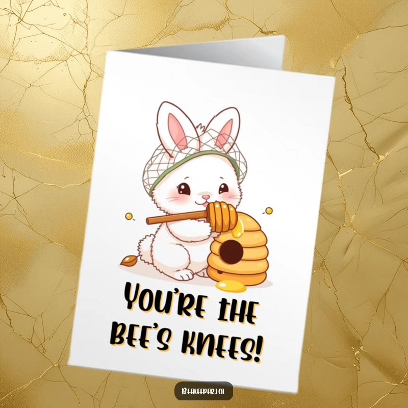Funny Free Printable Congrats Card: Bunny curiously looking into a beehive, a sweet symbol of achievement.