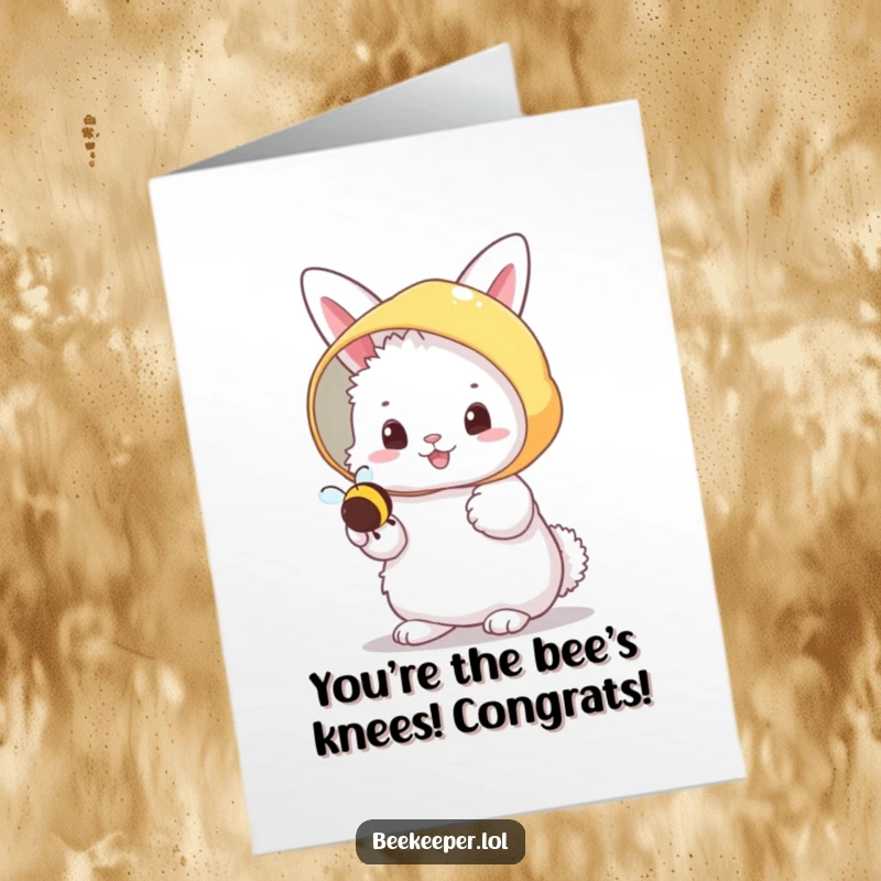 Funny Free Printable Congratulations Card: Fluffy bunny beekeeper holding a tiny bee, celebrating a successful venture.
