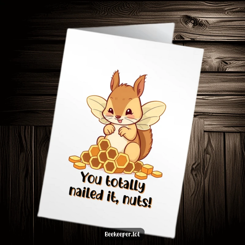 Free Printable Congrats Card: Squirrel in bee wings proudly holding sorted honeycombs, celebrating success.