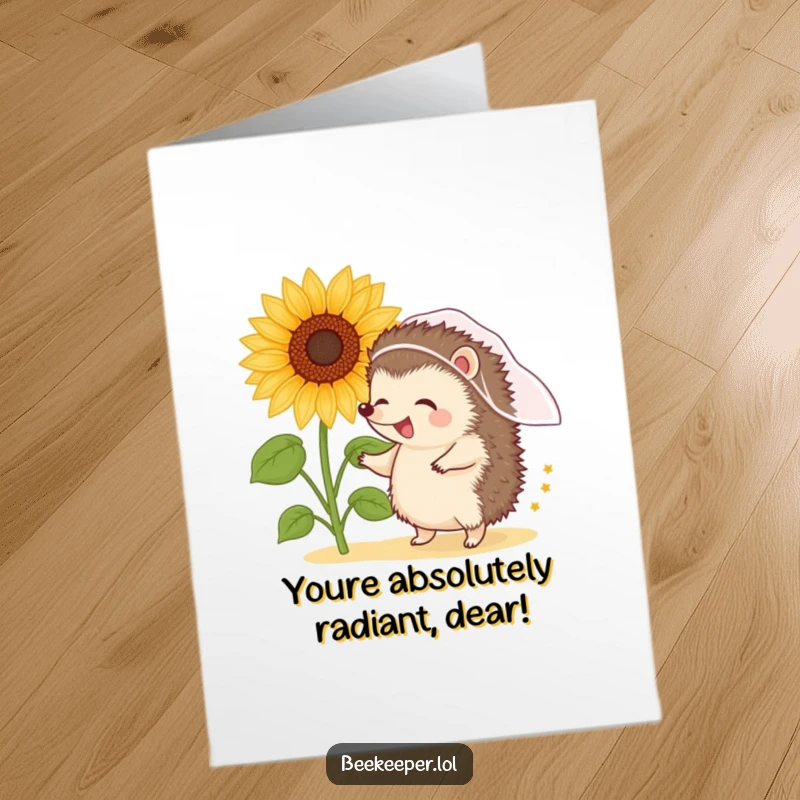 Free Printable Hedgehog Congrats Card: A hedgehog in a veil dances near a sunflower, symbolizing blooming success.