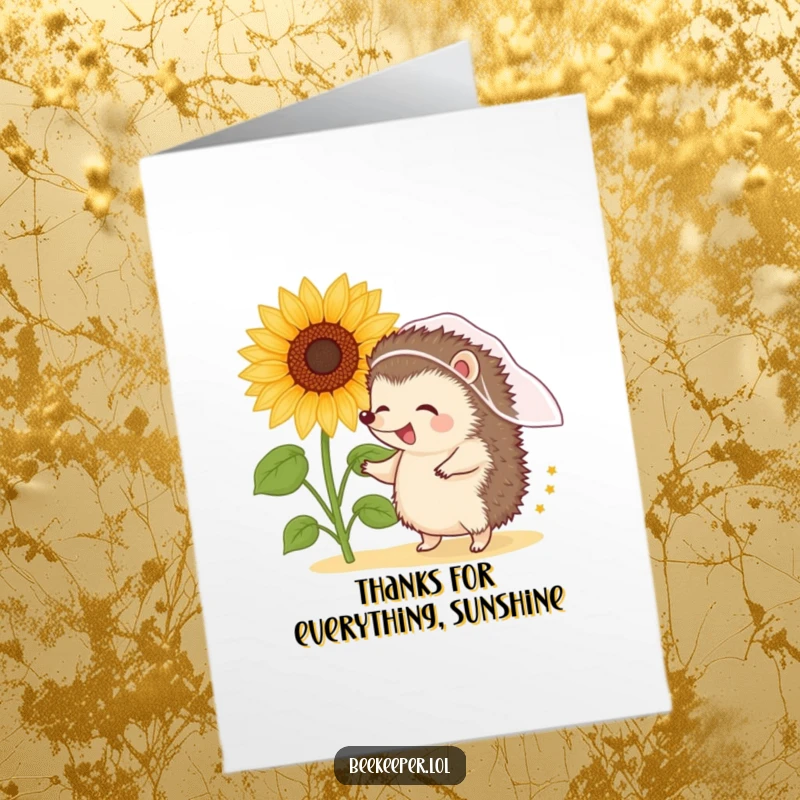 Funny Free Printable Hedgehog Thank You Card: A giggling hedgehog in a veil dances near a sunflower, spreading thanks.