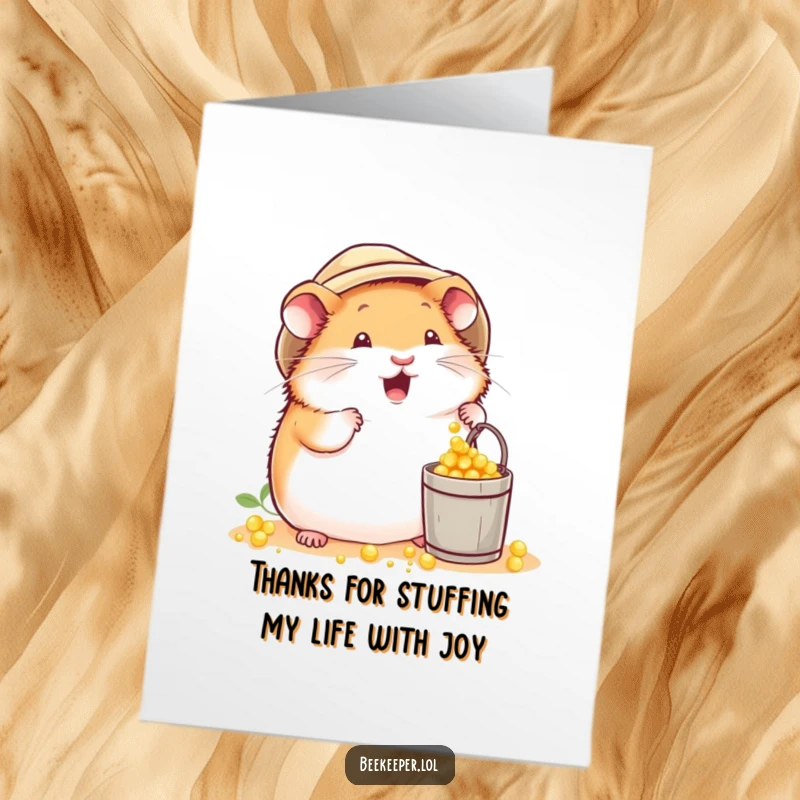 Funny Free Printable Thank You Card: A plump hamster in a beekeeper hat excitedly dropping pollen into a tiny bucket, thankful.