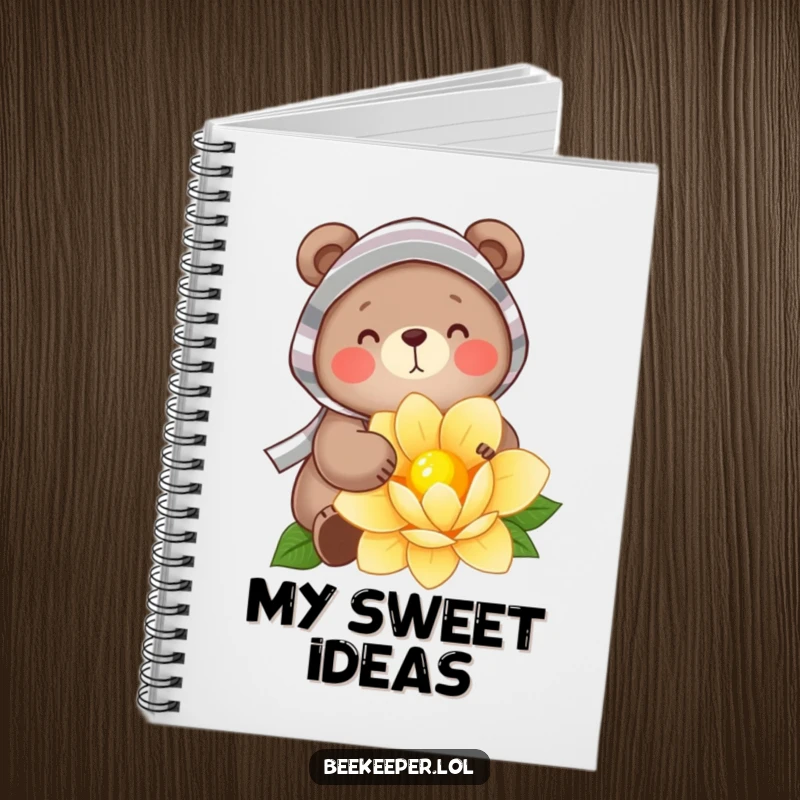 Funny Notebook: A cheerful bear in a striped veil, gently gathering nectar from a flower, perfect for jotting down notes with sweet inspiration.
