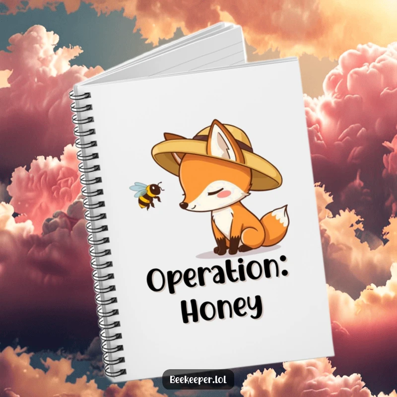 Funny fox wearing a straw hat cautiously inspecting a buzzing queen bee, on a humorous notebook cover.