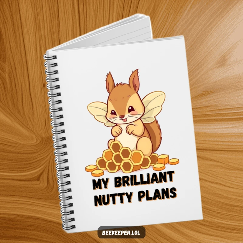 Funny squirrel in bee wings fumbling with honeycombs, featured on a charming and funny notebook cover.
