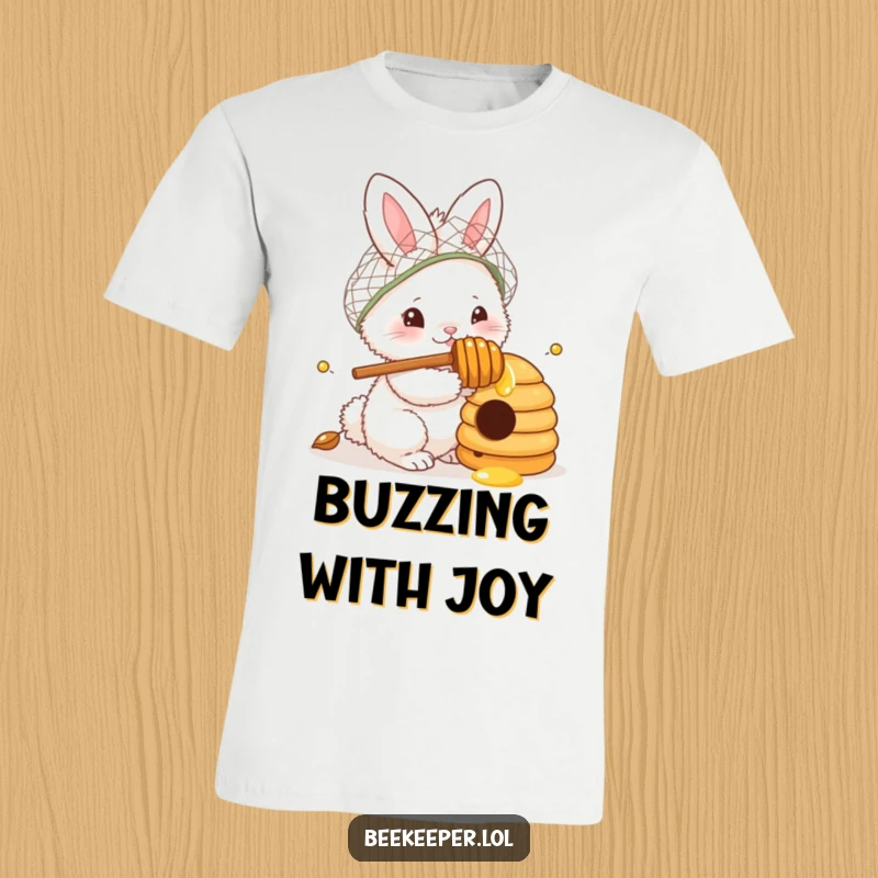 Funny T-Shirt: A fluffy bunny wearing a netted hat and holding a honey dipper, curiously investigating a beehive, showcasing adorable and humorous nature exploration.